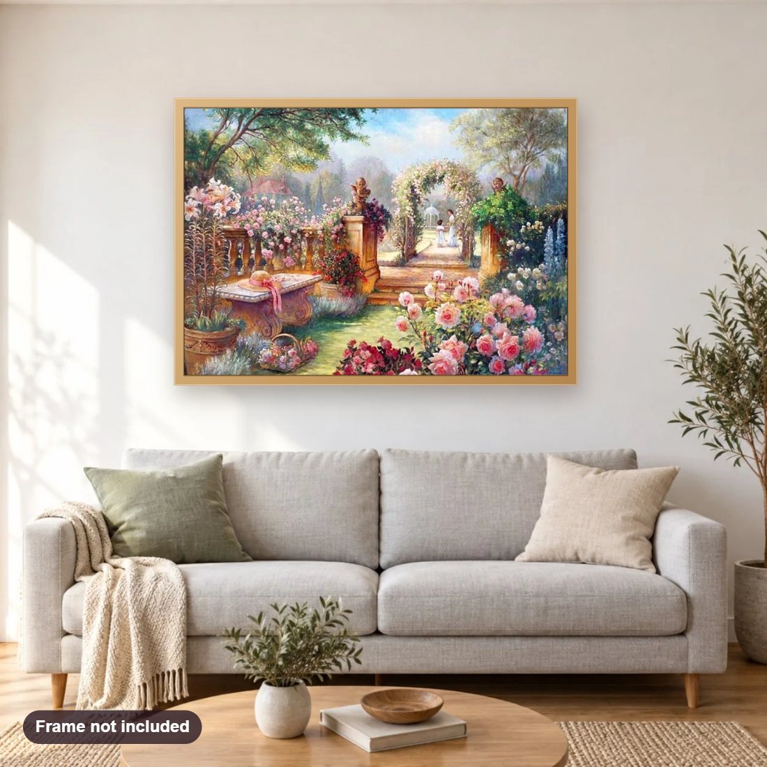 Stunning Flowers Garden diamond painting shown framed on a living room wall above a sofa