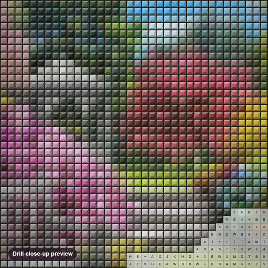 Close-up preview of the Beautiful Flowers Garden diamond painting with square 5D drills and printed canvas symbols