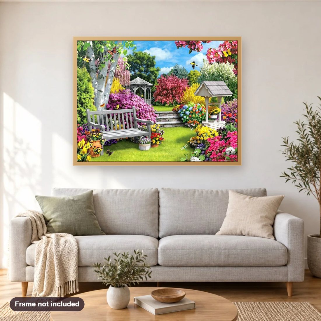 Beautiful Flowers Garden diamond painting shown framed on a living room wall above a sofa
