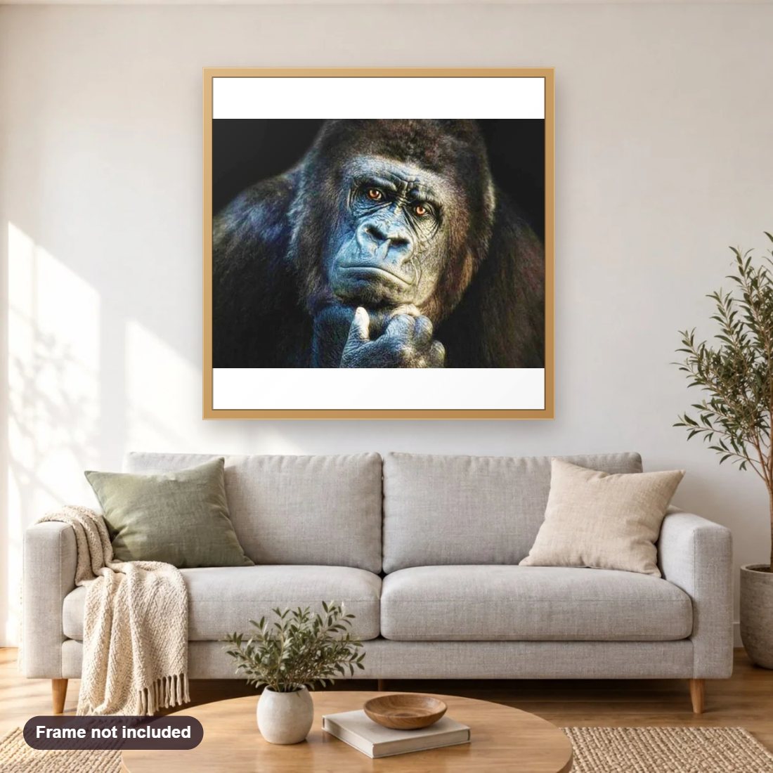 Stunning Gorilla diamond painting shown framed on a living room wall above a sofa