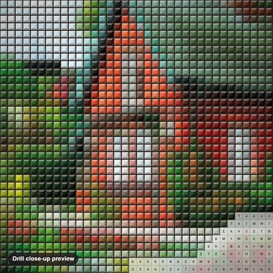 Close-up preview of the Stunning House & Blooming Garden diamond painting with square 5D drills and printed canvas symbols
