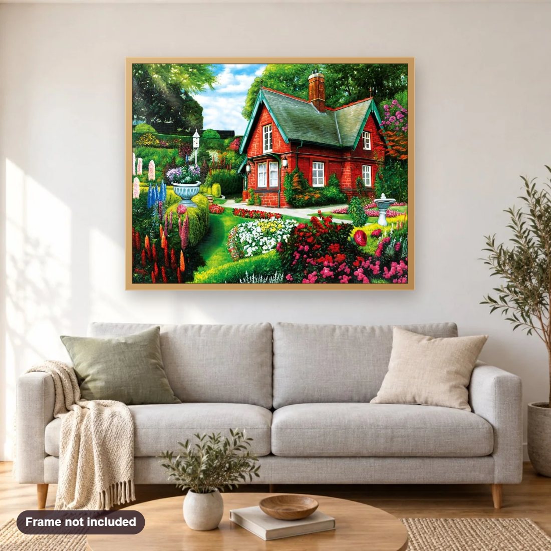 Stunning House & Blooming Garden diamond painting shown framed on a living room wall above a sofa