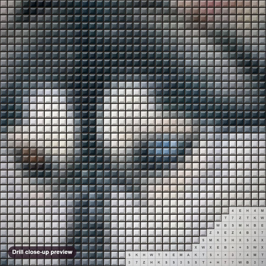 Close-up preview of the Stunning Husky with Different Colored Eyes diamond painting with square 5D drills and printed canvas symbols