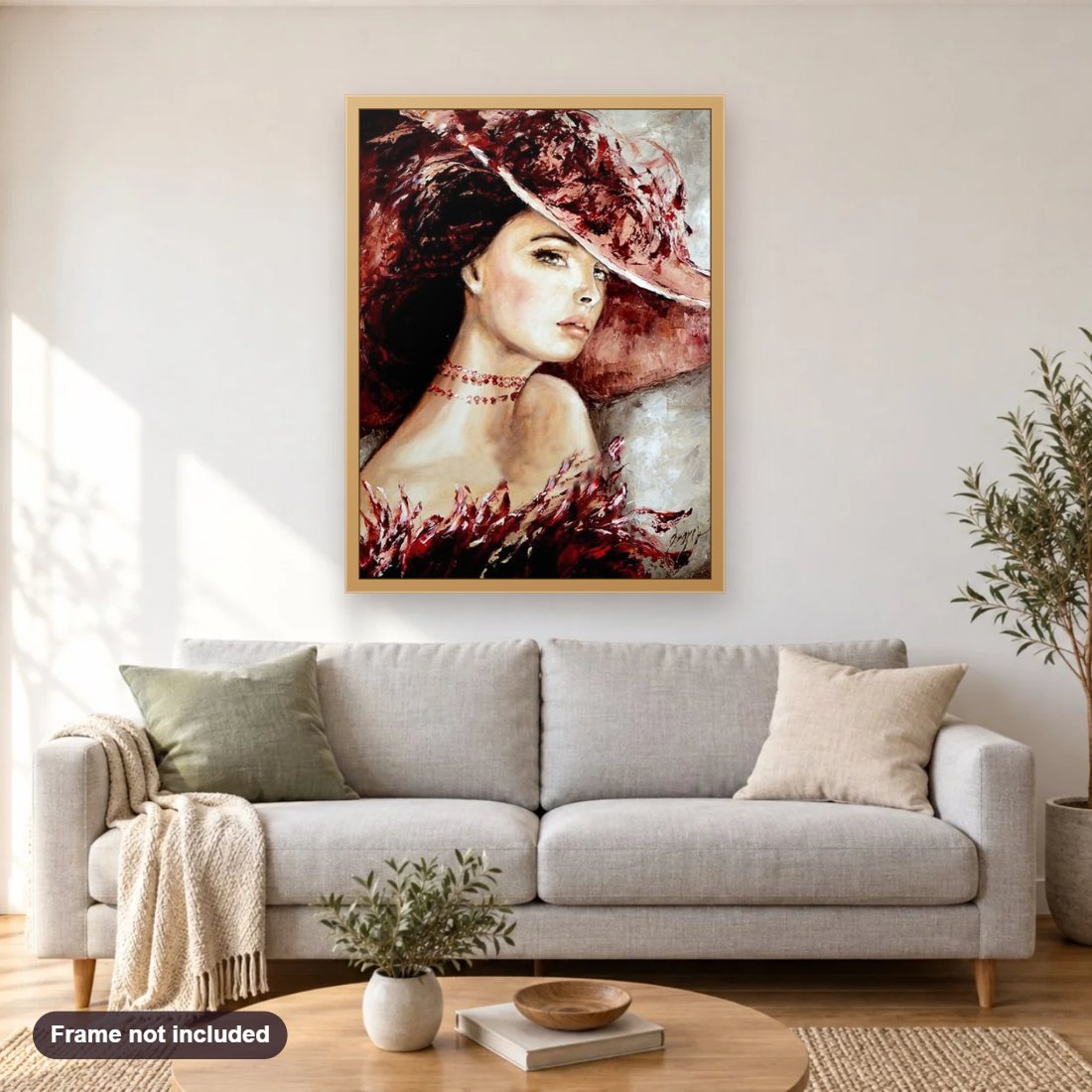 Stunning Lady diamond painting shown framed on a living room wall above a sofa