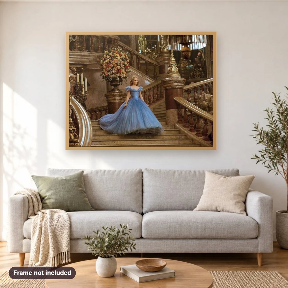 Stunning Lady Walking Down of Stairs diamond painting shown framed on a living room wall above a sofa