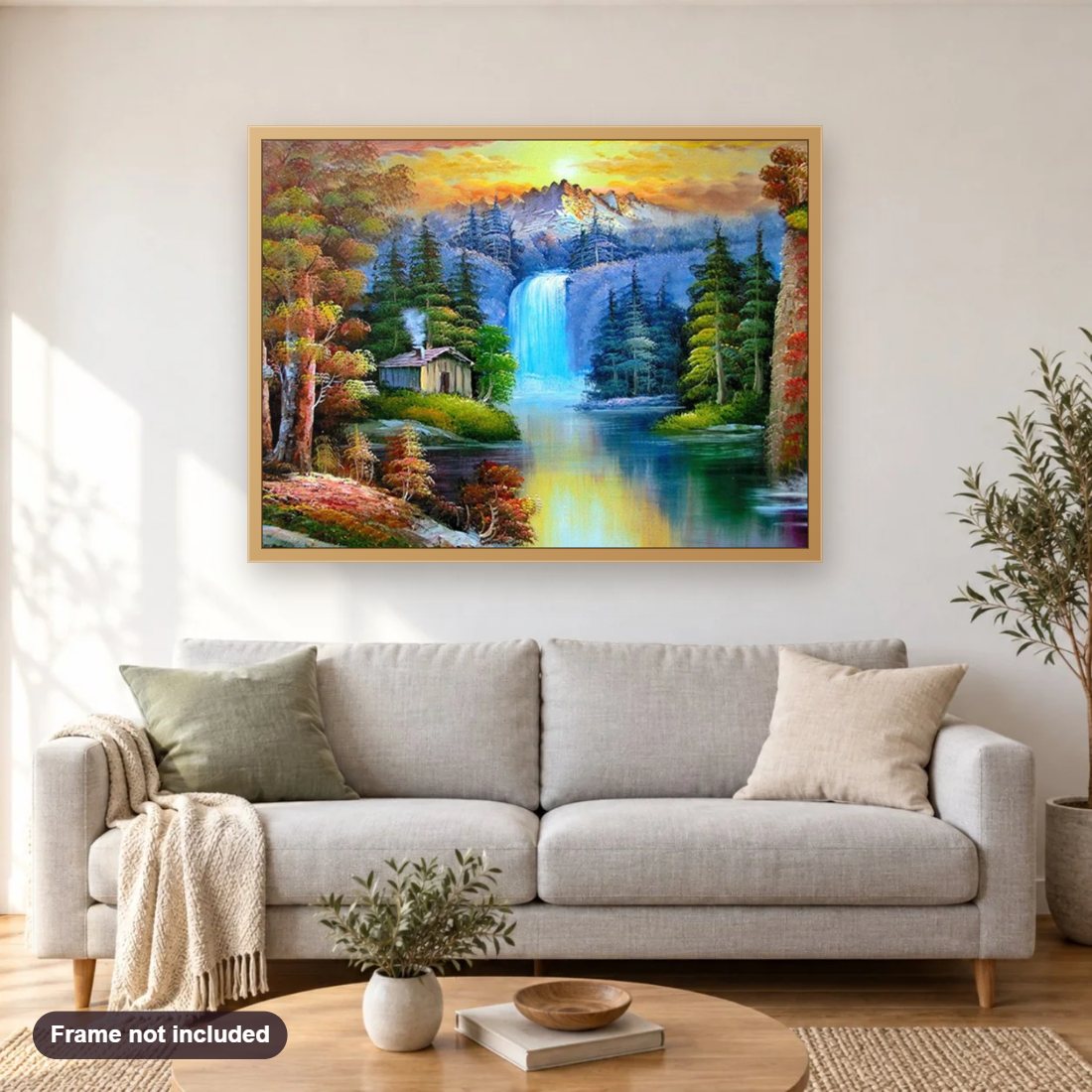 Stunning Nature diamond painting shown framed on a living room wall above a sofa