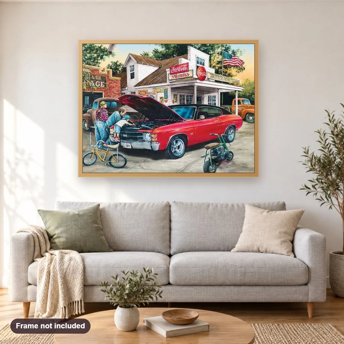 Stunning red Chevrolet old age car diamond painting shown framed on a living room wall above a sofa