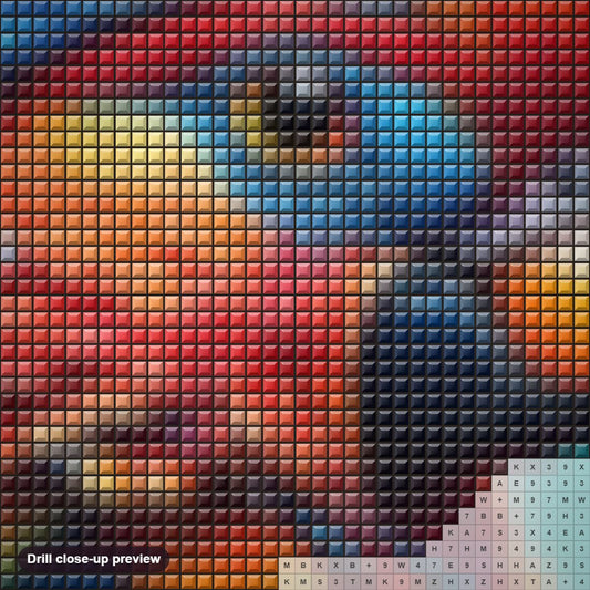 Close-up preview of the Stunningly Colorful Parrot diamond painting with square 5D drills and printed canvas symbols
