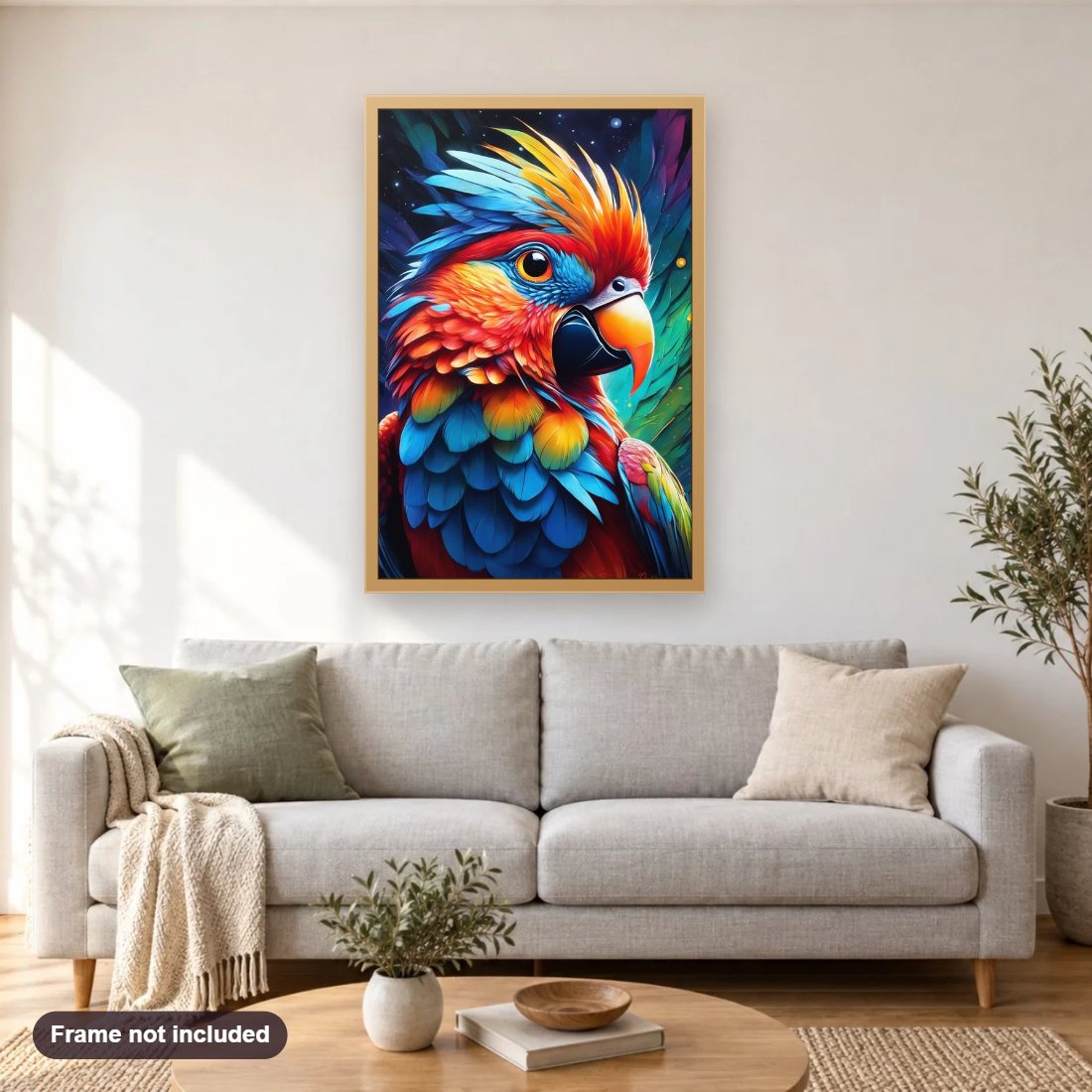Stunningly Colorful Parrot diamond painting shown framed on a living room wall above a sofa