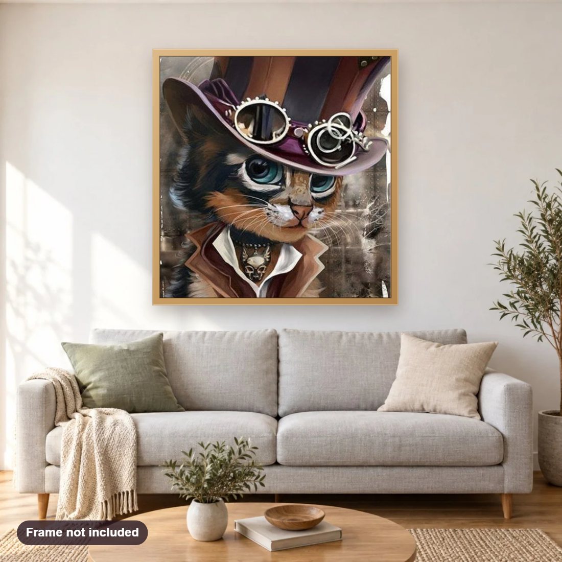 Stylish Cat diamond painting shown framed on a living room wall above a sofa