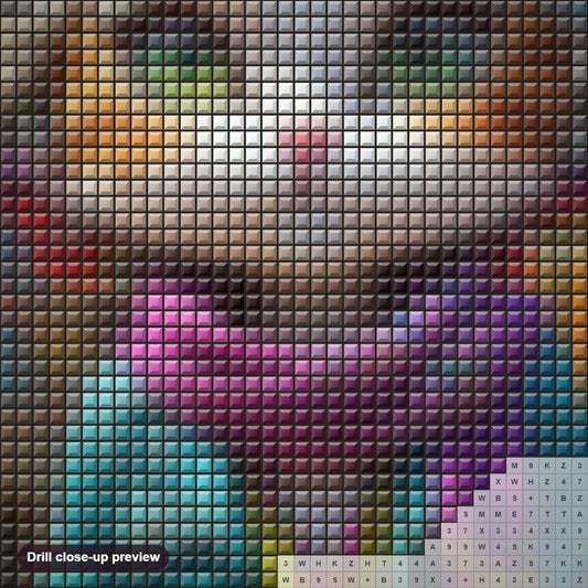 Close-up preview of the Stylishly Dressed Cat diamond painting with square 5D drills and printed canvas symbols