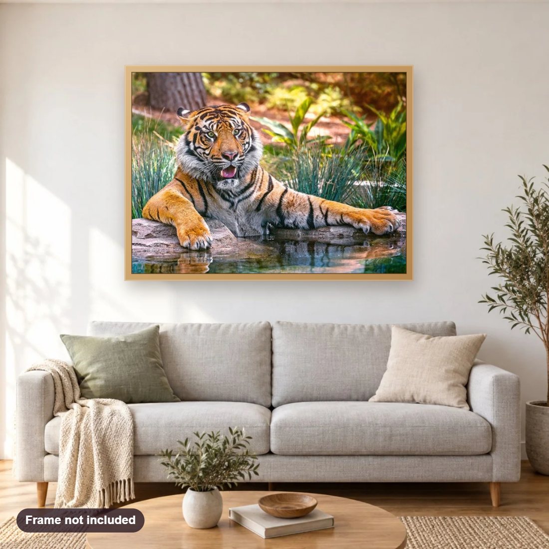 Sumatran Tiger diamond painting shown framed on a living room wall above a sofa