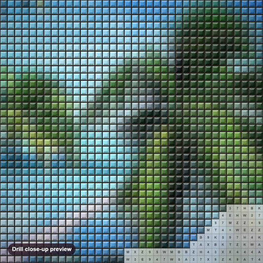Close-up preview of the Summer Beach & Palm Trees diamond painting with square 5D drills and printed canvas symbols