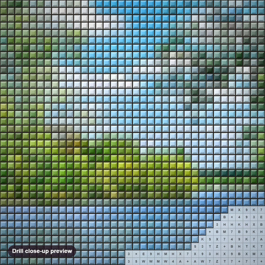 Close-up preview of the Summer Lake diamond painting with square 5D drills and printed canvas symbols