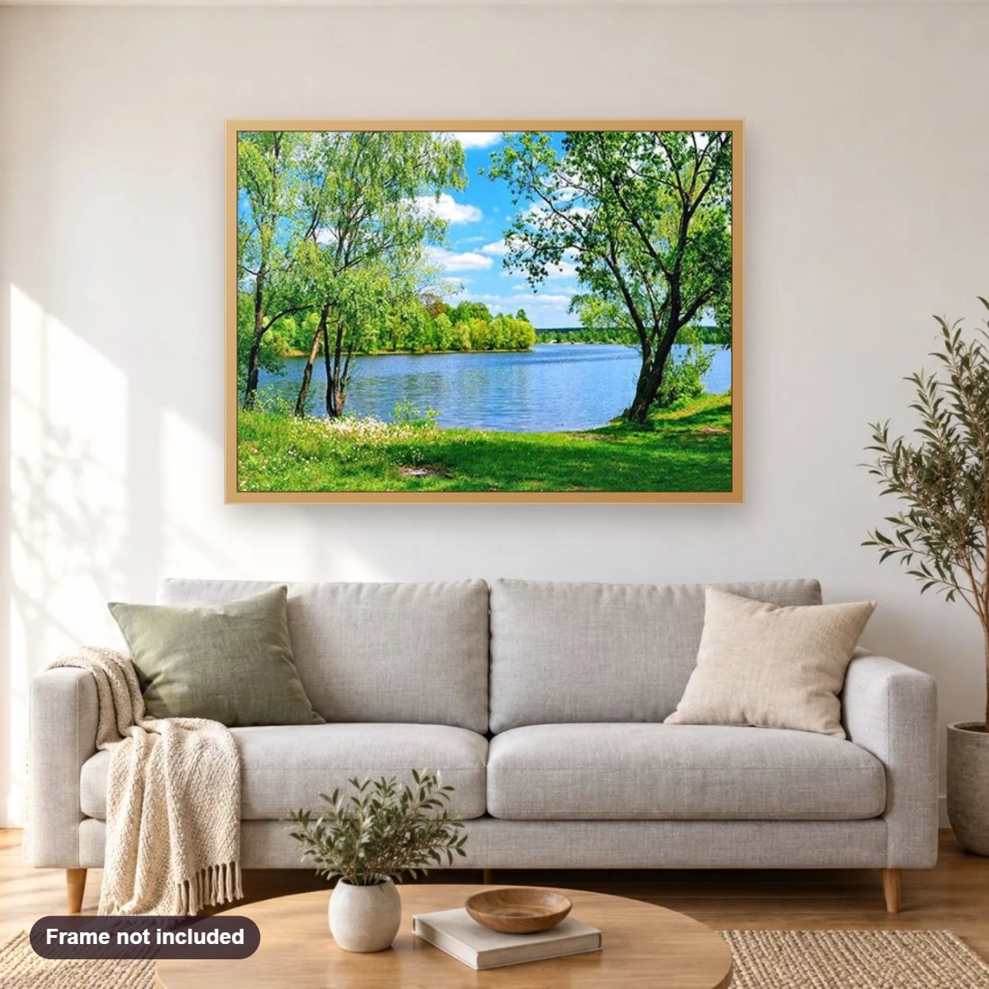 Summer Lake diamond painting shown framed on a living room wall above a sofa