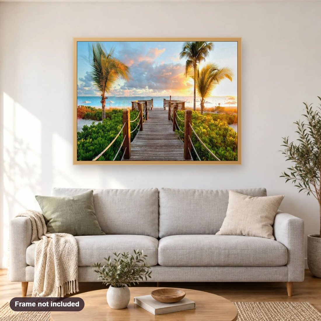 Summer Scenic Beauty diamond painting shown framed on a living room wall above a sofa