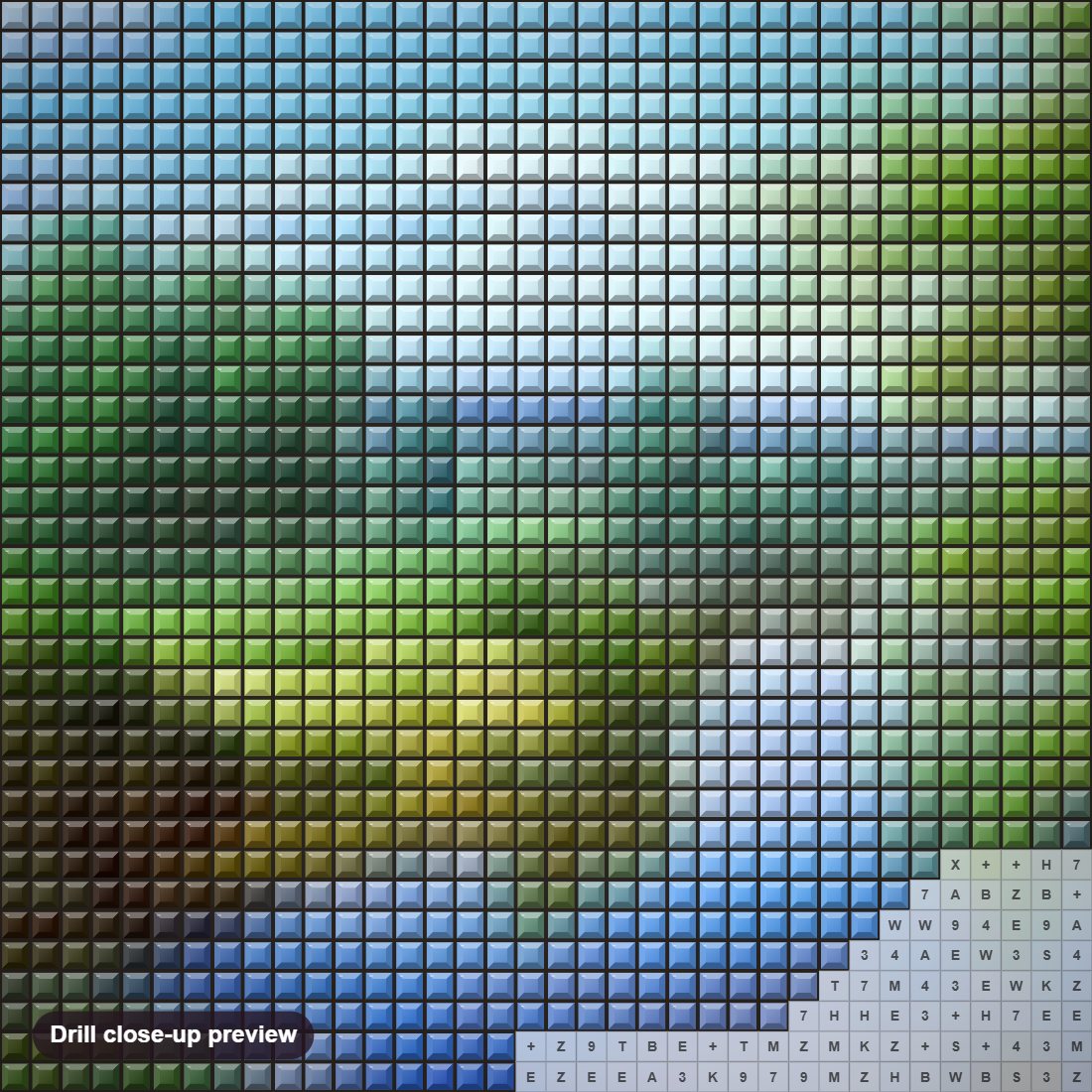 Close-up preview of the Summer Trees & Lake View diamond painting with square 5D drills and printed canvas symbols