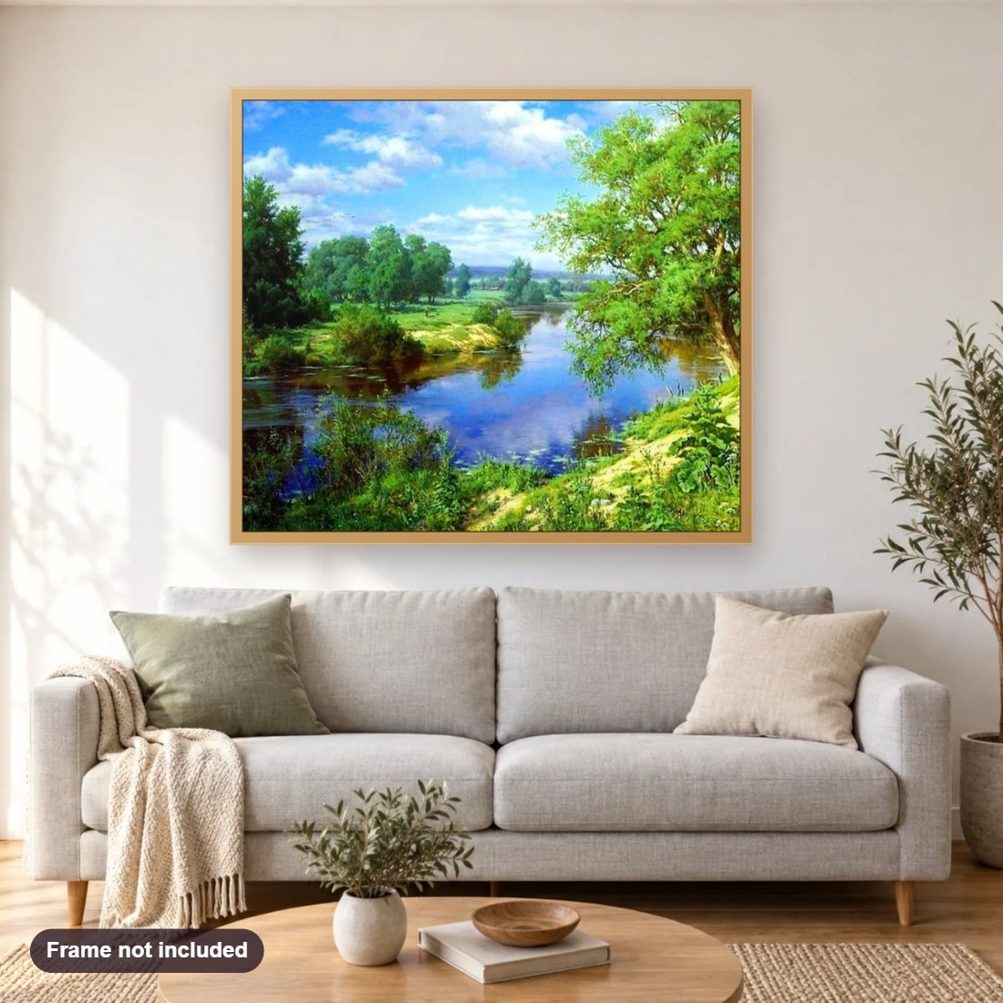 Summer Trees & Lake View diamond painting shown framed on a living room wall above a sofa