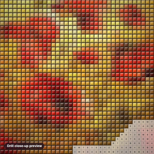 Close-up preview of the Sun Shines in Poppy Fields diamond painting with square 5D drills and printed canvas symbols