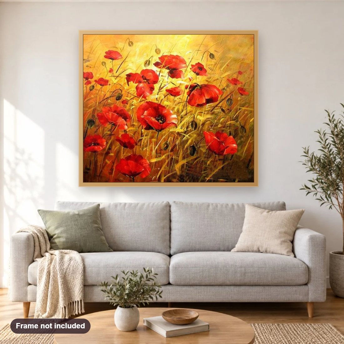 Sun Shines in Poppy Fields diamond painting shown framed on a living room wall above a sofa