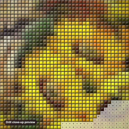 Close-up preview of the Sunflowers Basket diamond painting with square 5D drills and printed canvas symbols