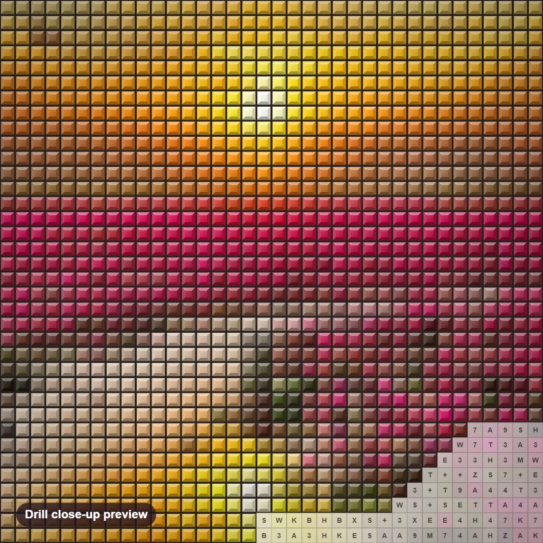 Close-up preview of the Sunset & Flower Fields diamond painting with square 5D drills and printed canvas symbols
