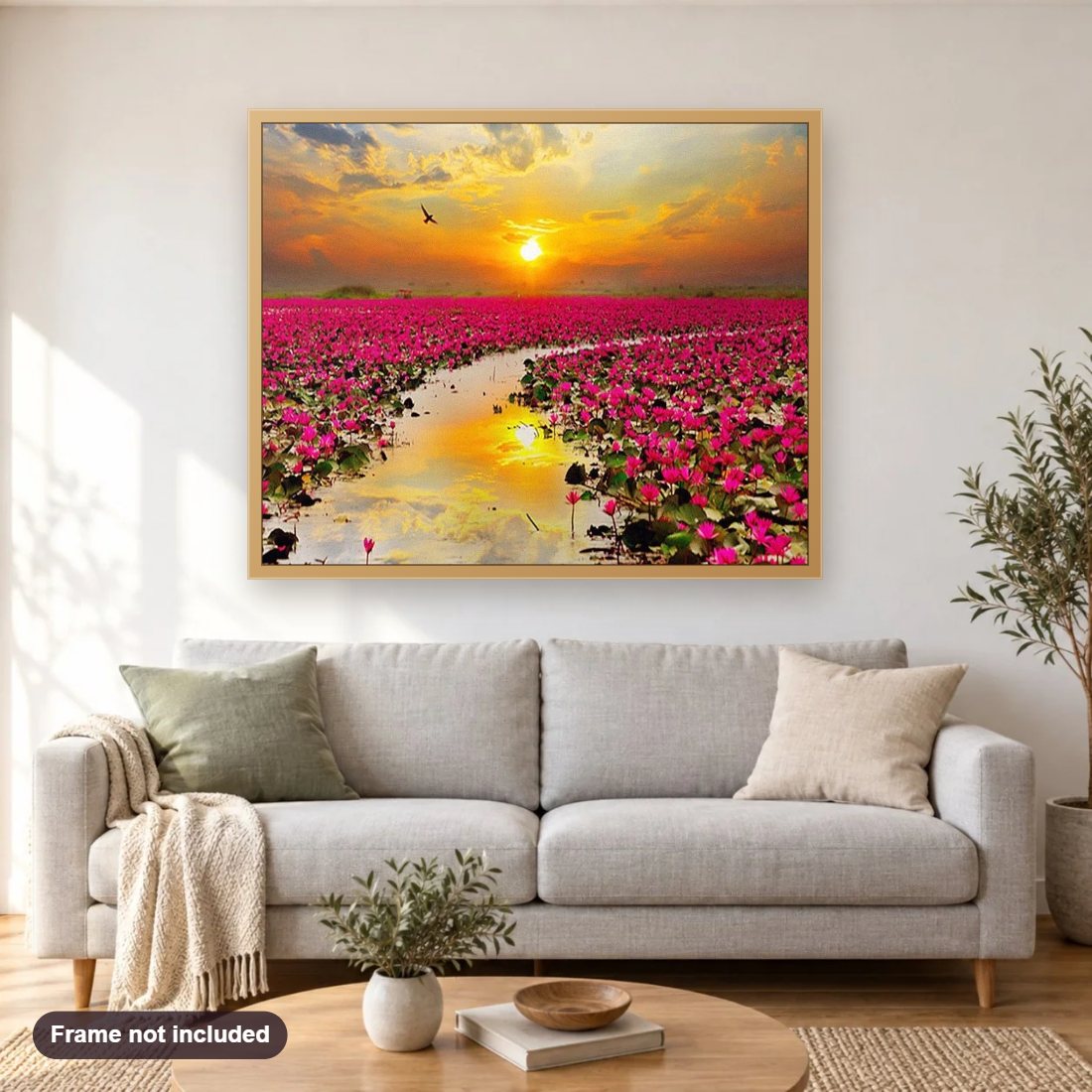 Sunset & Flower Fields diamond painting shown framed on a living room wall above a sofa