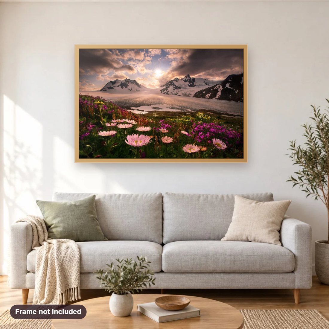 Sunset in Alaska diamond painting shown framed on a living room wall above a sofa