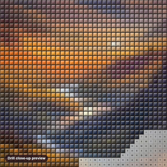 Close-up preview of the Sunset Multifaceted Landscape diamond painting with square 5D drills and printed canvas symbols