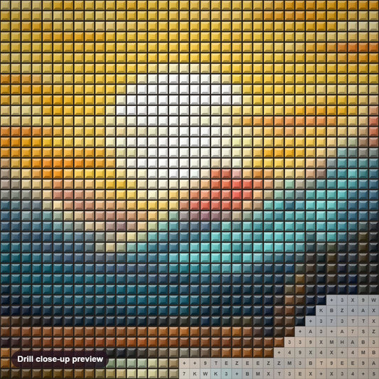 Close-up preview of the Sunset Serenity by the River diamond painting with square 5D drills and printed canvas symbols