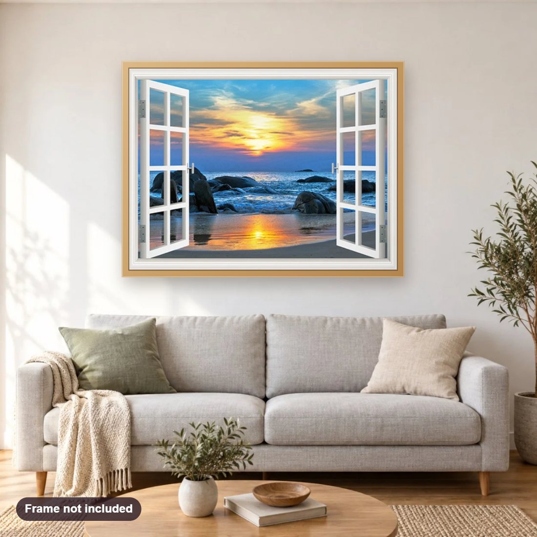 Sunset View from Window diamond painting shown framed on a living room wall above a sofa