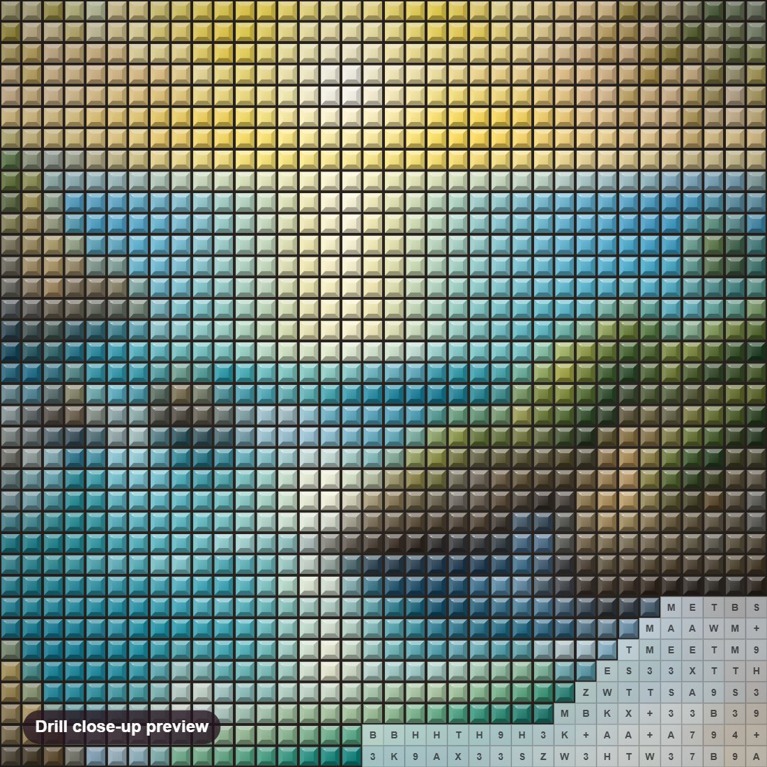 Close-up preview of the Sunset View on the Stunning Beach diamond painting with square 5D drills and printed canvas symbols