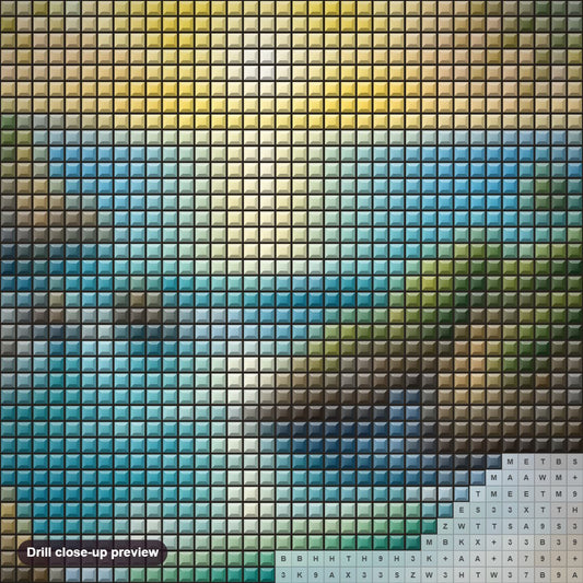 Close-up preview of the Sunset View on the Stunning Beach diamond painting with square 5D drills and printed canvas symbols