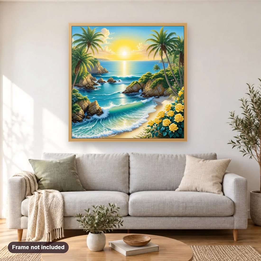 Sunset View on the Stunning Beach diamond painting shown framed on a living room wall above a sofa