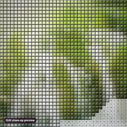 Close-up preview of the Sunshine & Forest Waterfall diamond painting with square 5D drills and printed canvas symbols