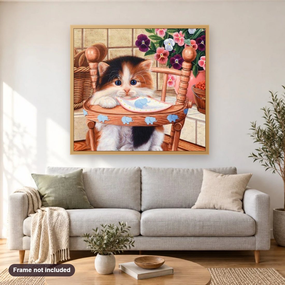 Super Cute Kitten & Flowers diamond painting shown framed on a living room wall above a sofa