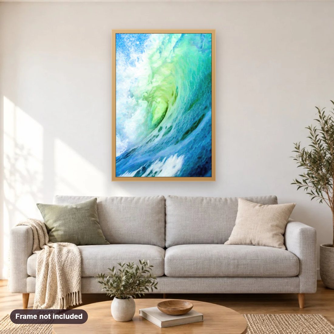 Surf's Up diamond painting shown framed on a living room wall above a sofa