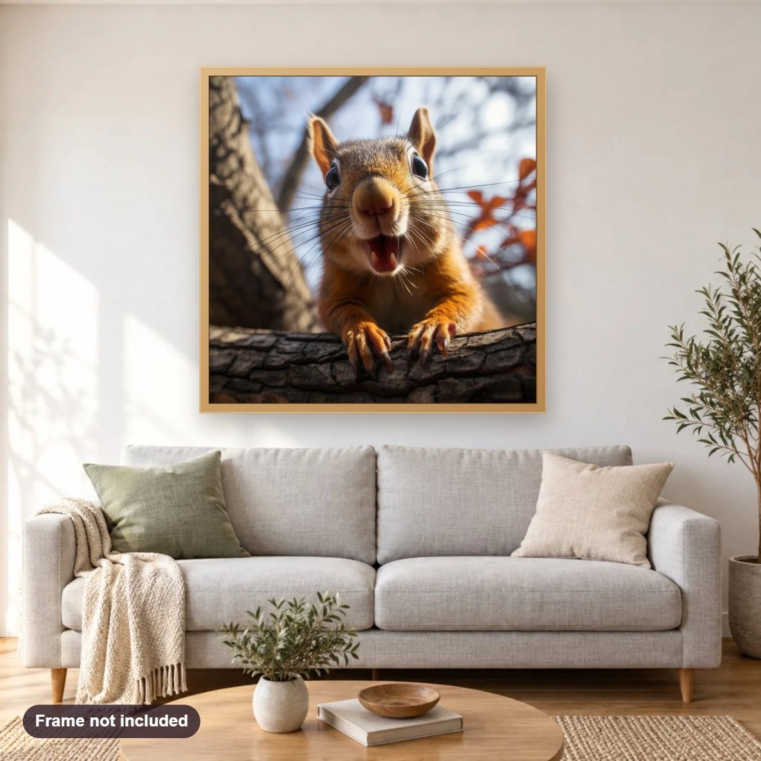 Surprised Squirrel diamond painting shown framed on a living room wall above a sofa