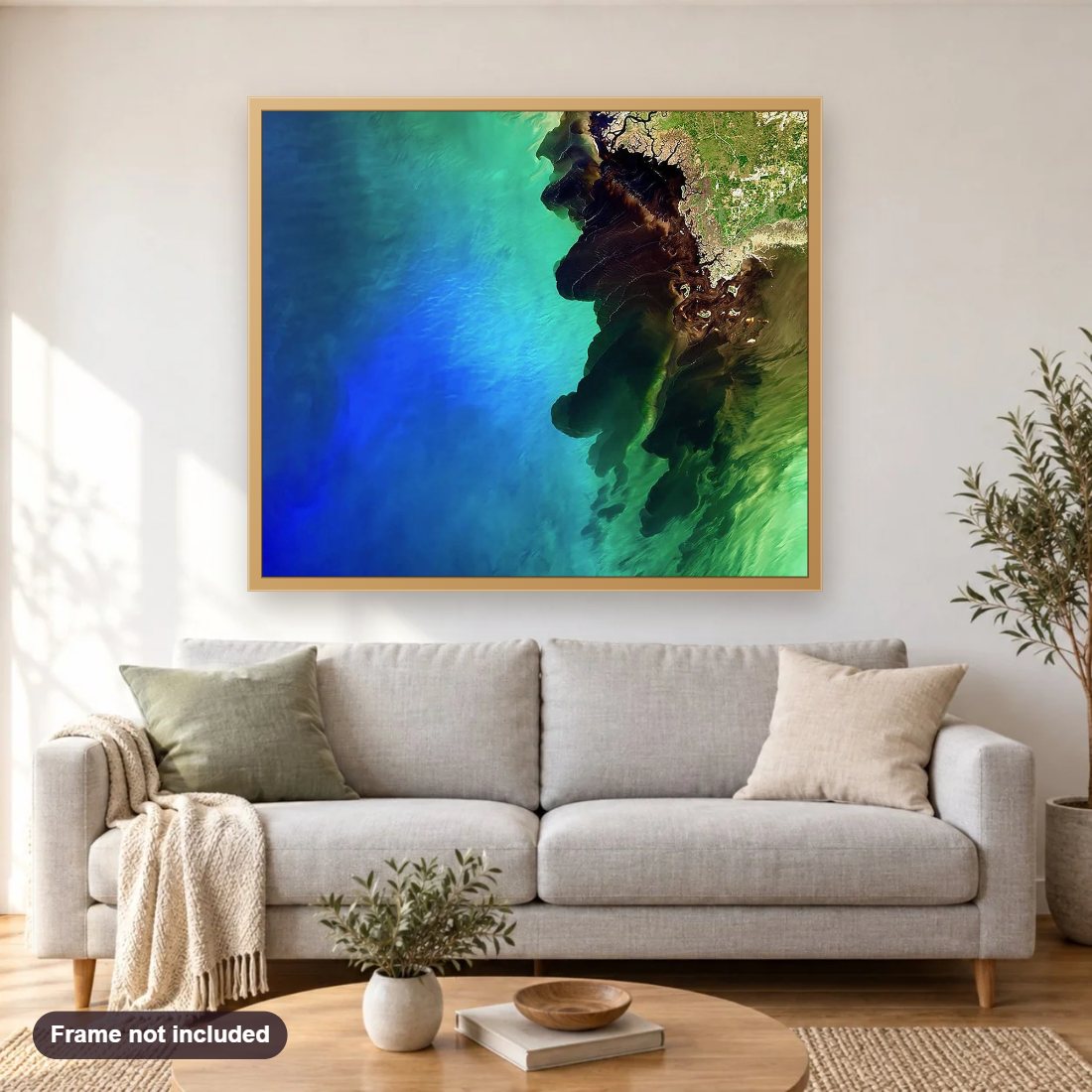 Suwannee Blackwater River Meets the Sea diamond painting shown framed on a living room wall above a sofa