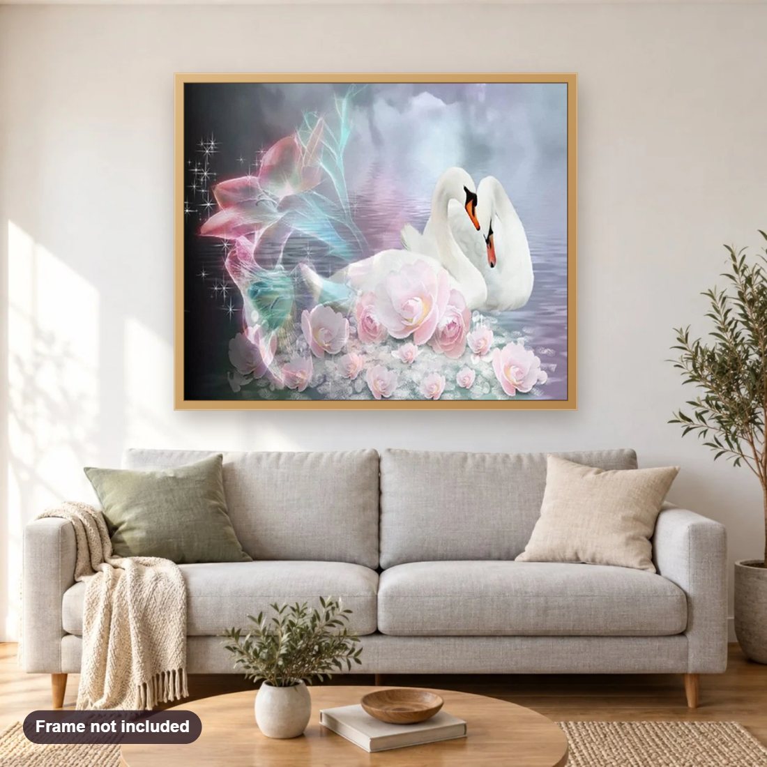 Swans & Flowers Fantasy diamond painting shown framed on a living room wall above a sofa