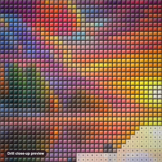Close-up preview of the Swans Lake & Rainbow Sunset diamond painting with square 5D drills and printed canvas symbols