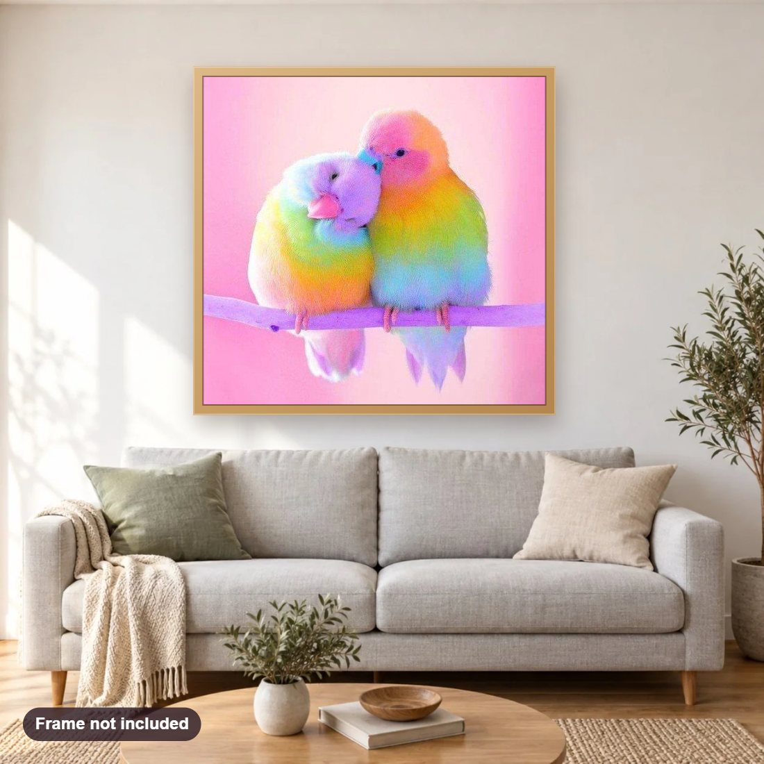 Sweet Birds diamond painting shown framed on a living room wall above a sofa