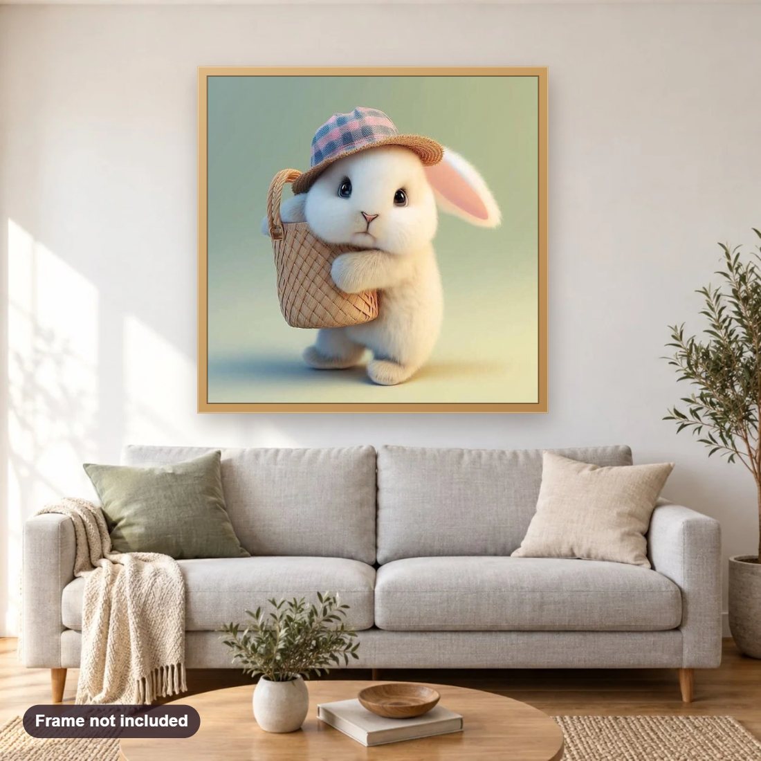 Sweet Bunny Love diamond painting shown framed on a living room wall above a sofa