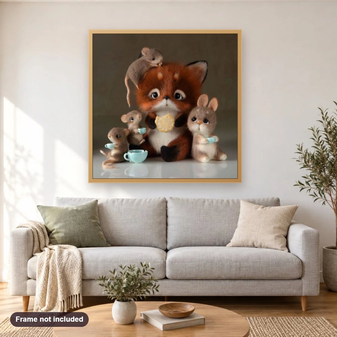 Sweet Cartoons Having Tea diamond painting shown framed on a living room wall above a sofa
