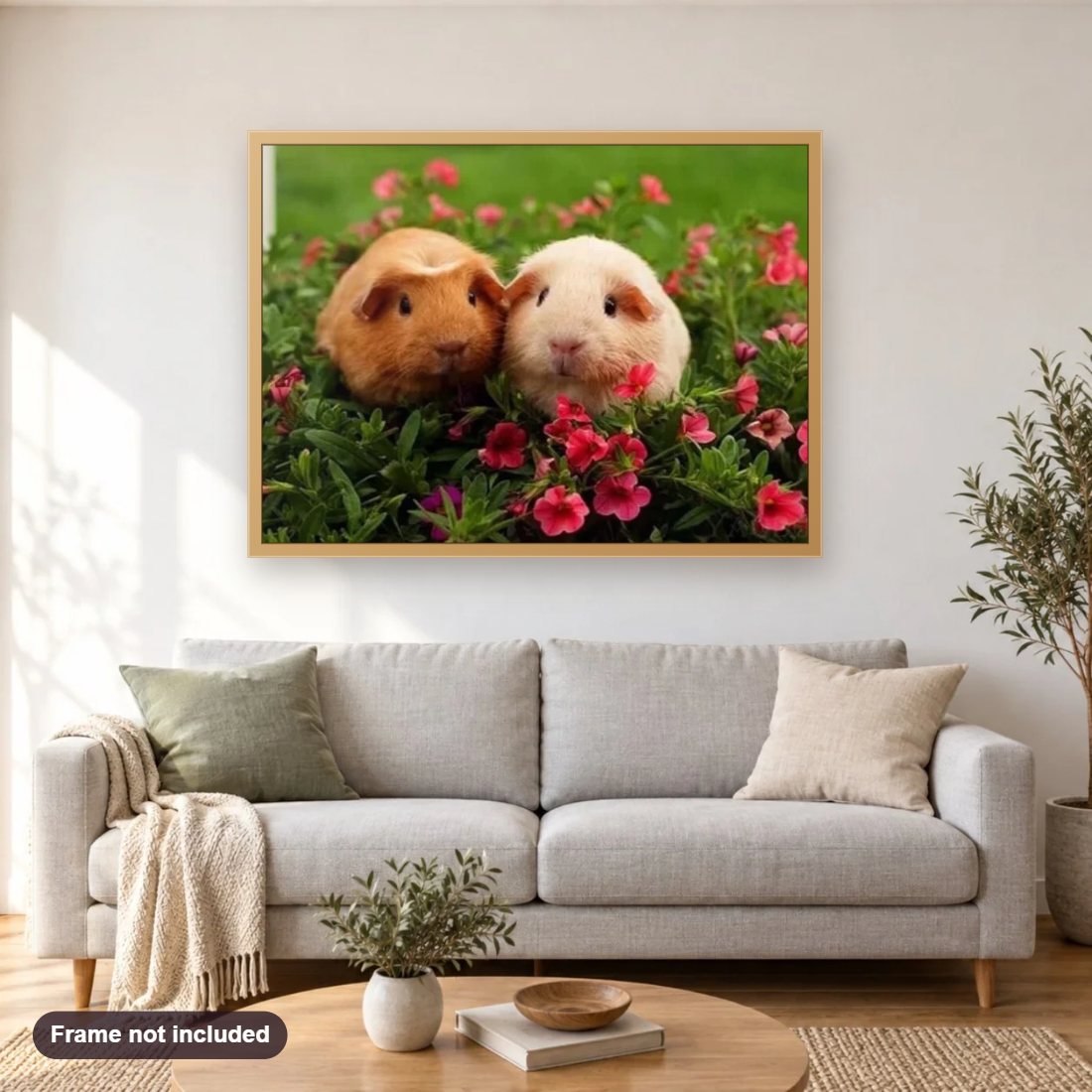 Sweet Guinea pigs Pair diamond painting shown framed on a living room wall above a sofa