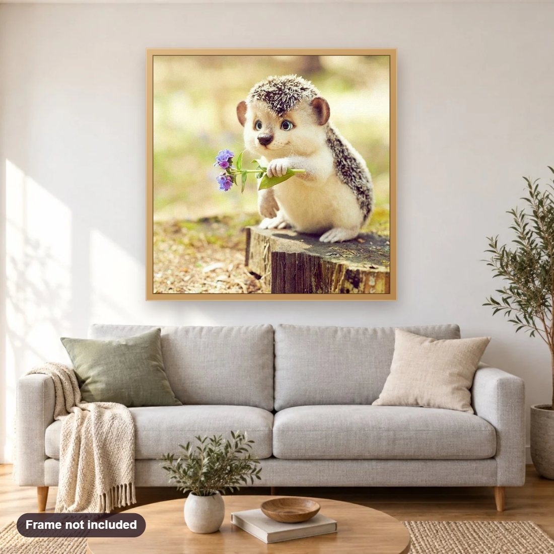 Sweet Hedgehog with Flowers diamond painting shown framed on a living room wall above a sofa