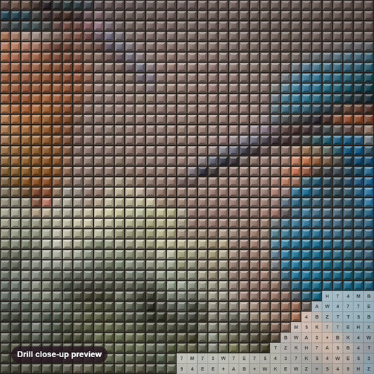 Close-up preview of the Sweet Kingfisher Pair diamond painting with square 5D drills and printed canvas symbols