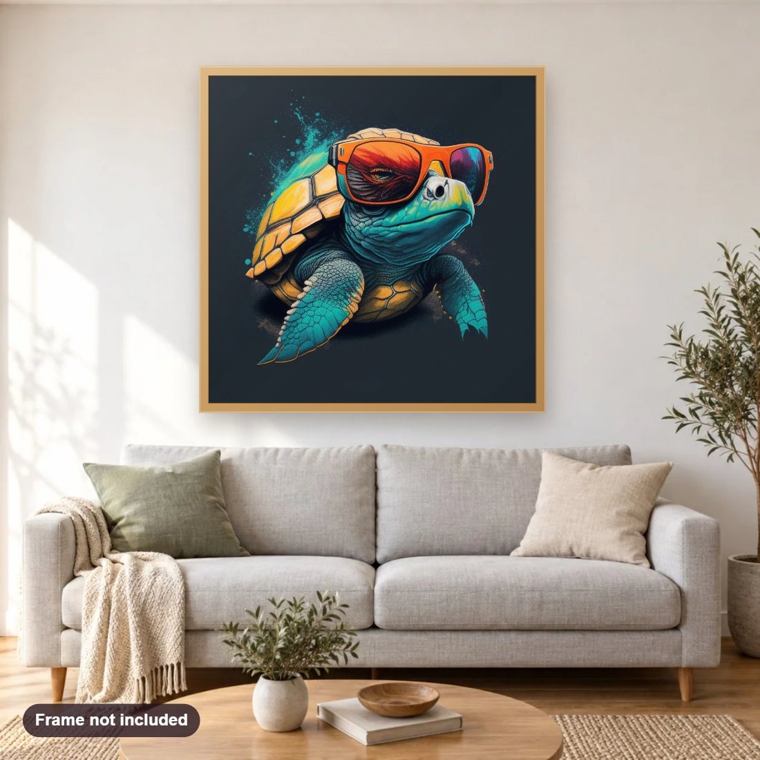 Swim in Style diamond painting shown framed on a living room wall above a sofa