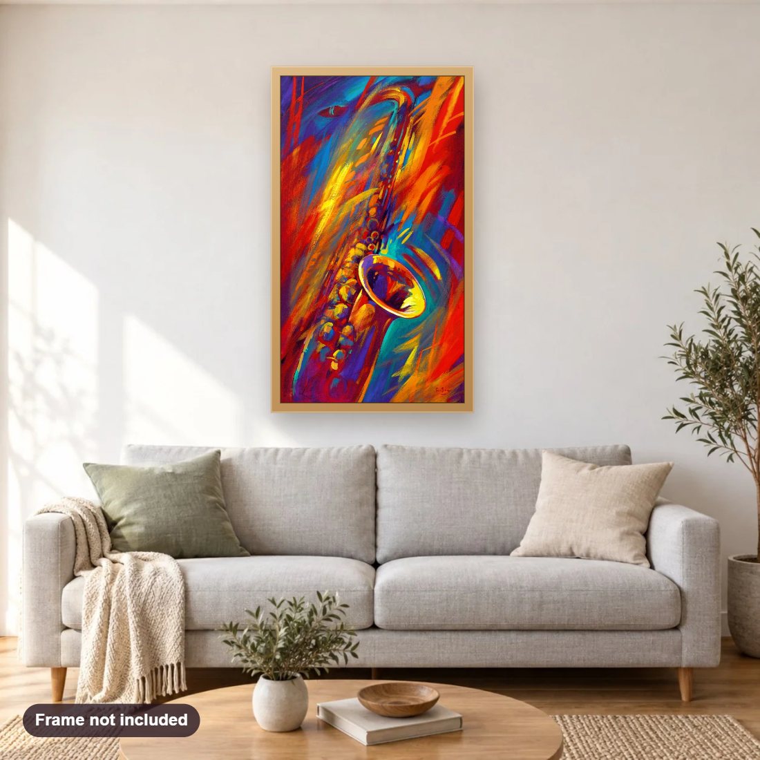 Swing Time diamond painting shown framed on a living room wall above a sofa