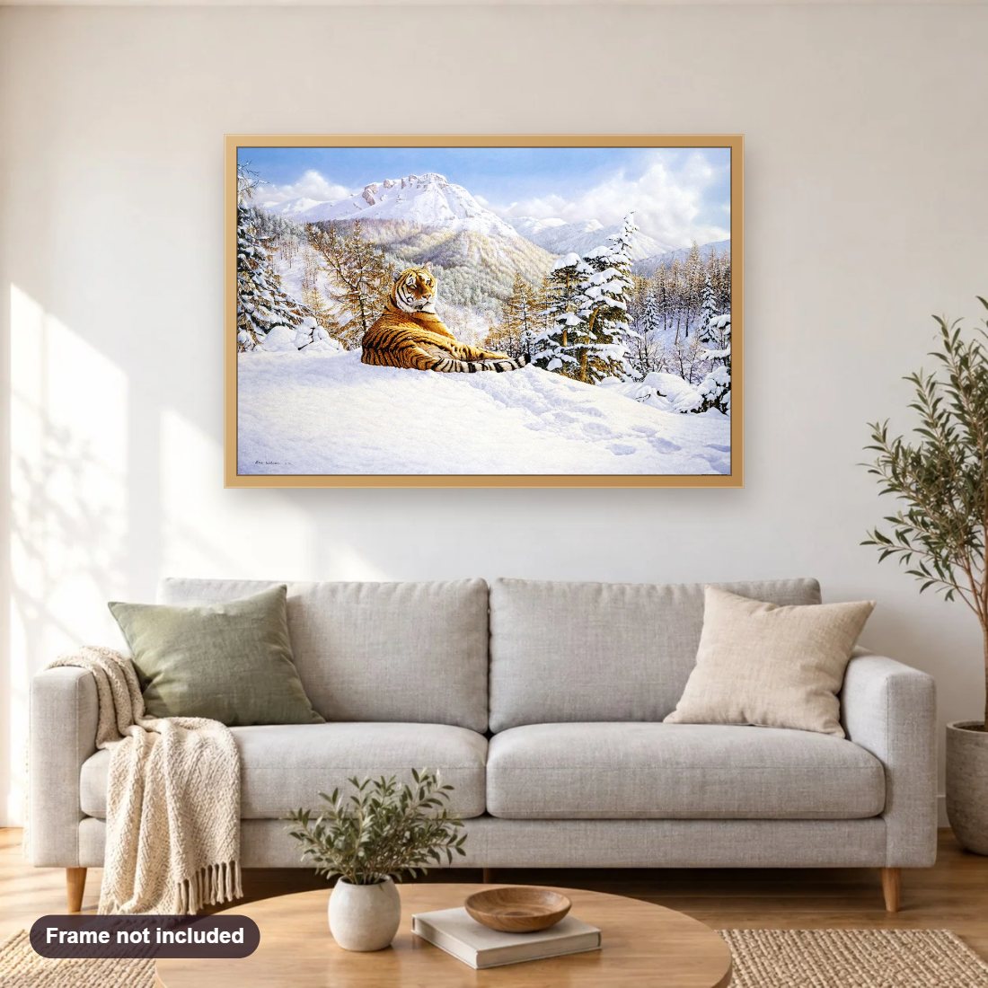 Taiga Tiger diamond painting shown framed on a living room wall above a sofa